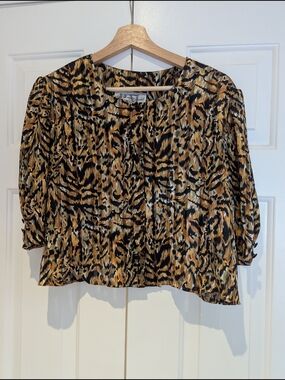 Vintage 80s Animal Tiger Print Cropped Boxy Fit Blouse Top Maximalist Chic M/L